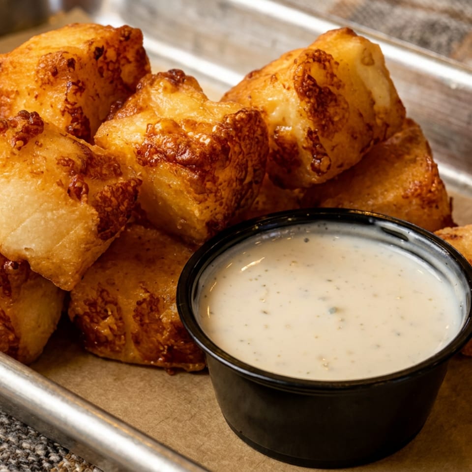 Golden-brown fried cheese curds with a side of ranch dressing on a metal tray.