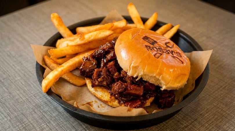 A Bossy's branded bun with saucy brisket and a side of golden french fries in a black bowl.