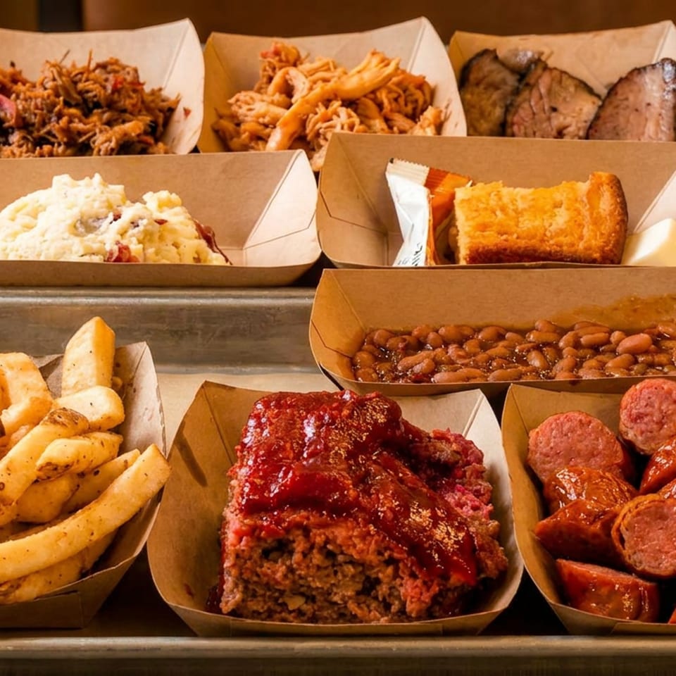 A metal tray holds nine paper boats filled with various barbecue dishes and sides.