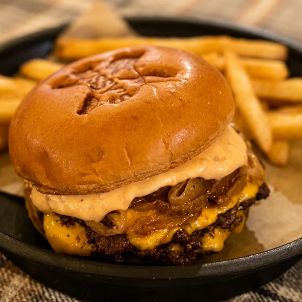 Cheeseburger with caramelized onions and special sauce, served with fries on a black plate.